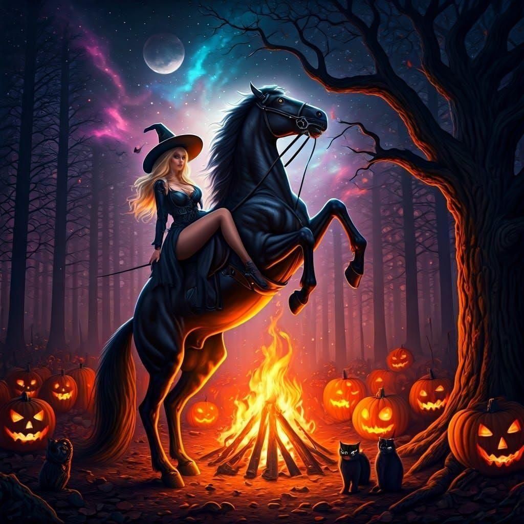 Halloween Witch on Horse in Hyperrealistic Style