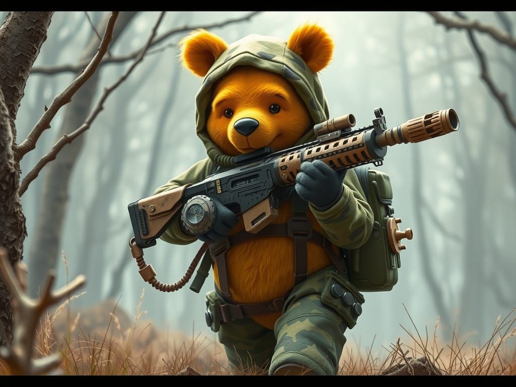 Winnie the Pooh as a Commando in High-Tech Camouflage Gear