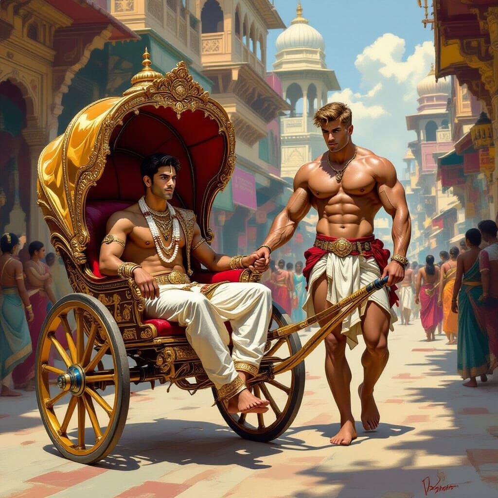 Indian Prince in Ornate Rickshaw, Historical Fantasy Art