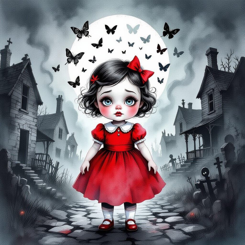 Gothic Ink and Watercolor Painting of a Mysterious Girl