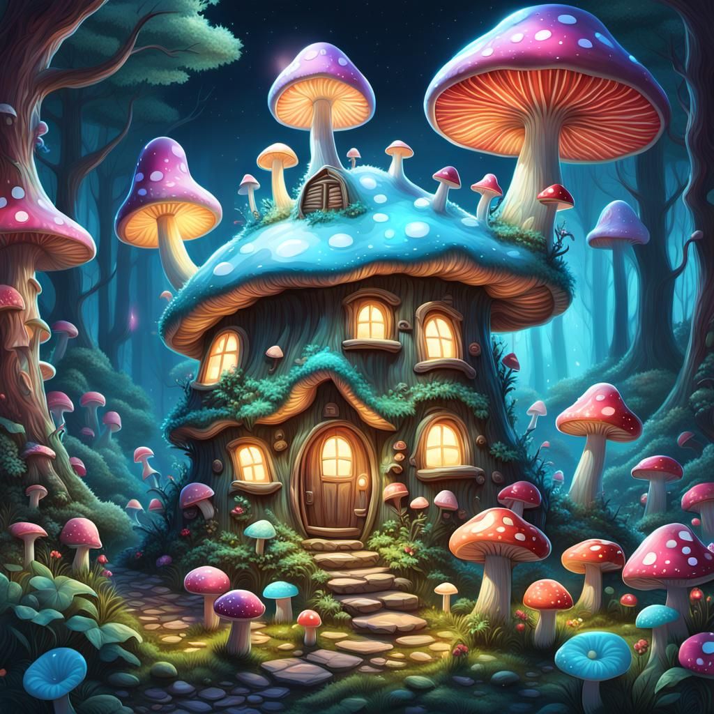 Enchanted Bioluminescent Forest with Mushroom House and Kitt...
