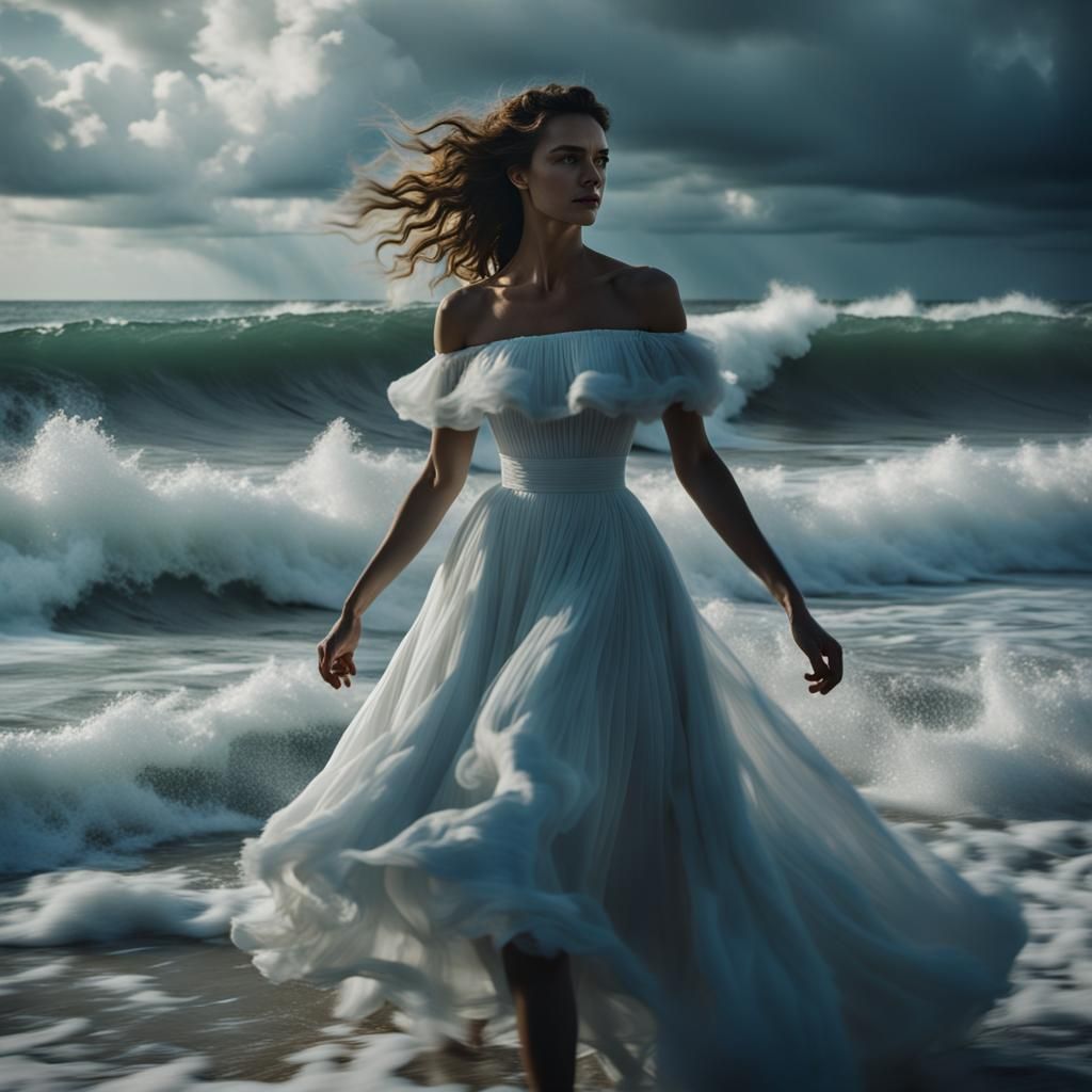 Girl in Cloud Dress on Wave, Cinematic Beach Scene