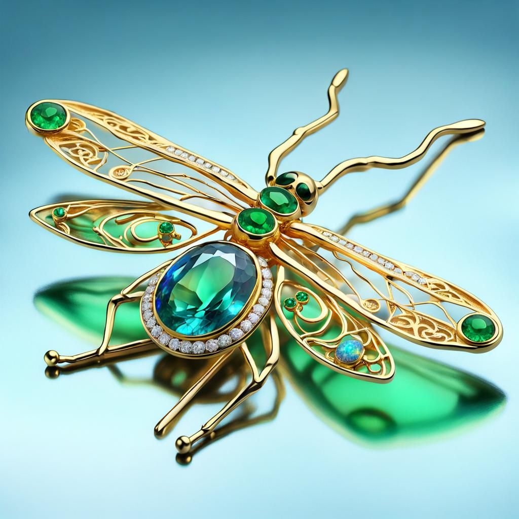 Ornate Gold Dragonfly Brooch with Gemstones