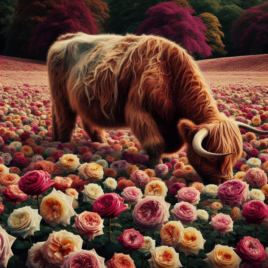 Highland Cow Grazing in Rose Field, Pre-1912 Art