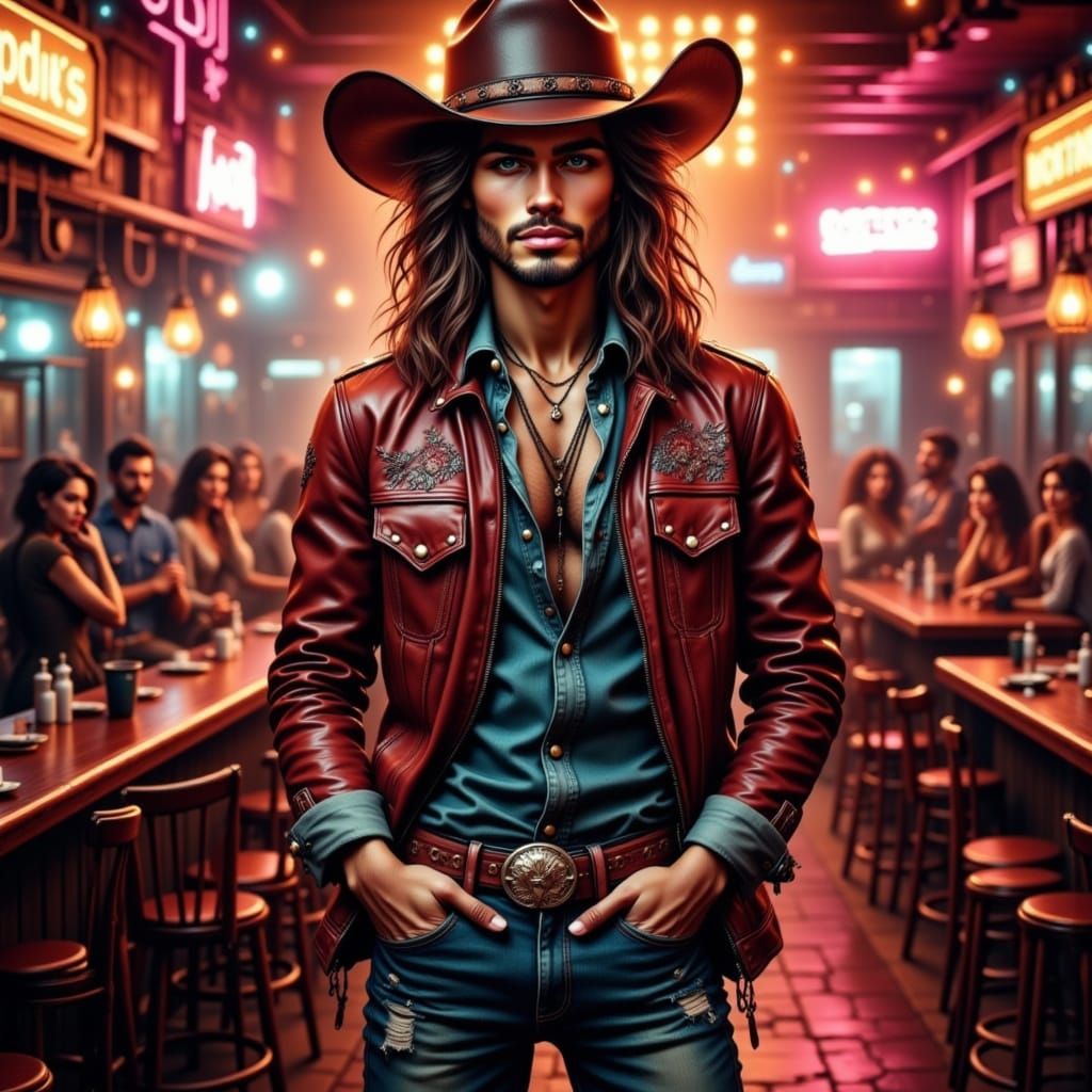 Young Cowboy in Neon Honky Tonk Bar with Beautiful Women
