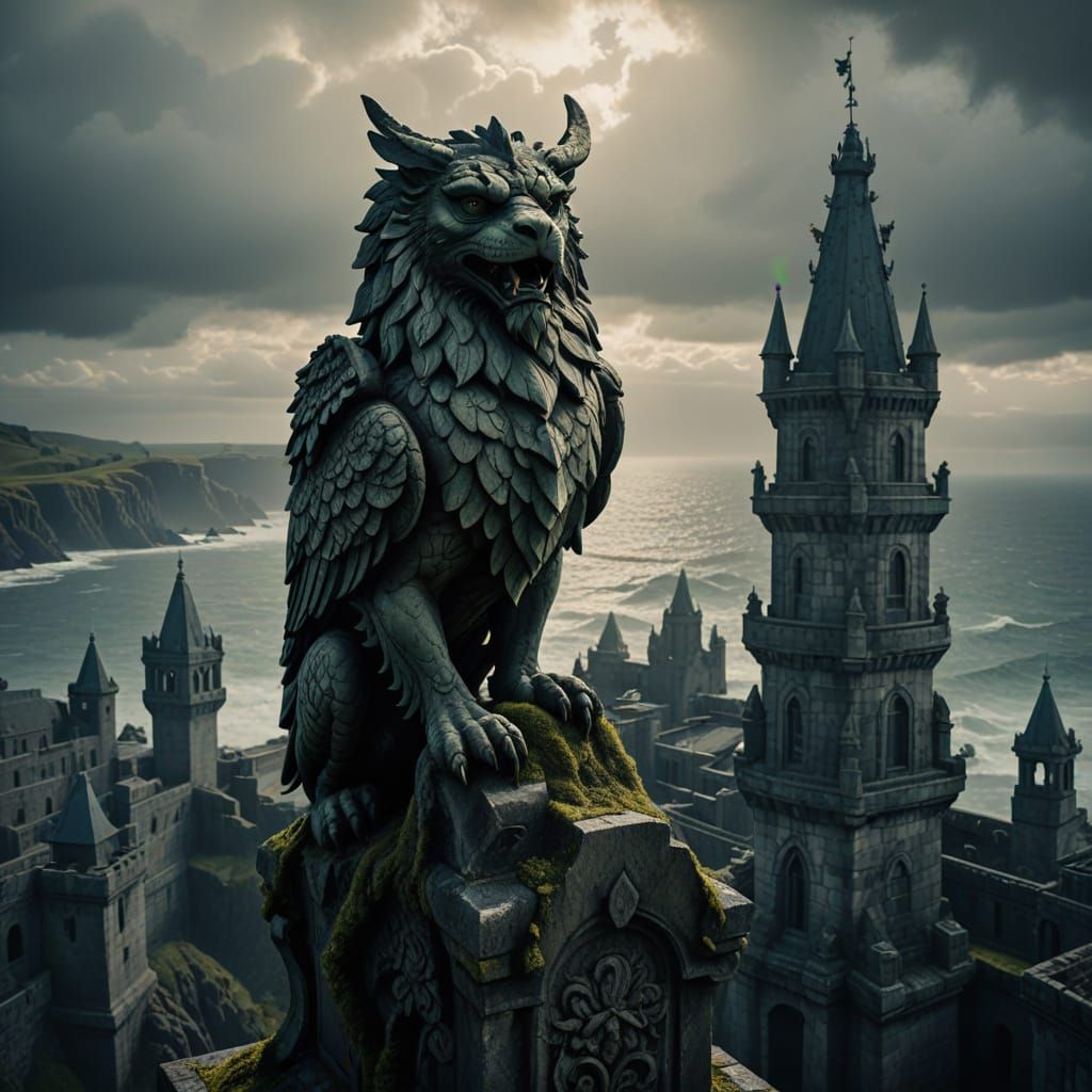 Stone Griffin Sculpture on Brutalist Citadel in Dark Fantasy...