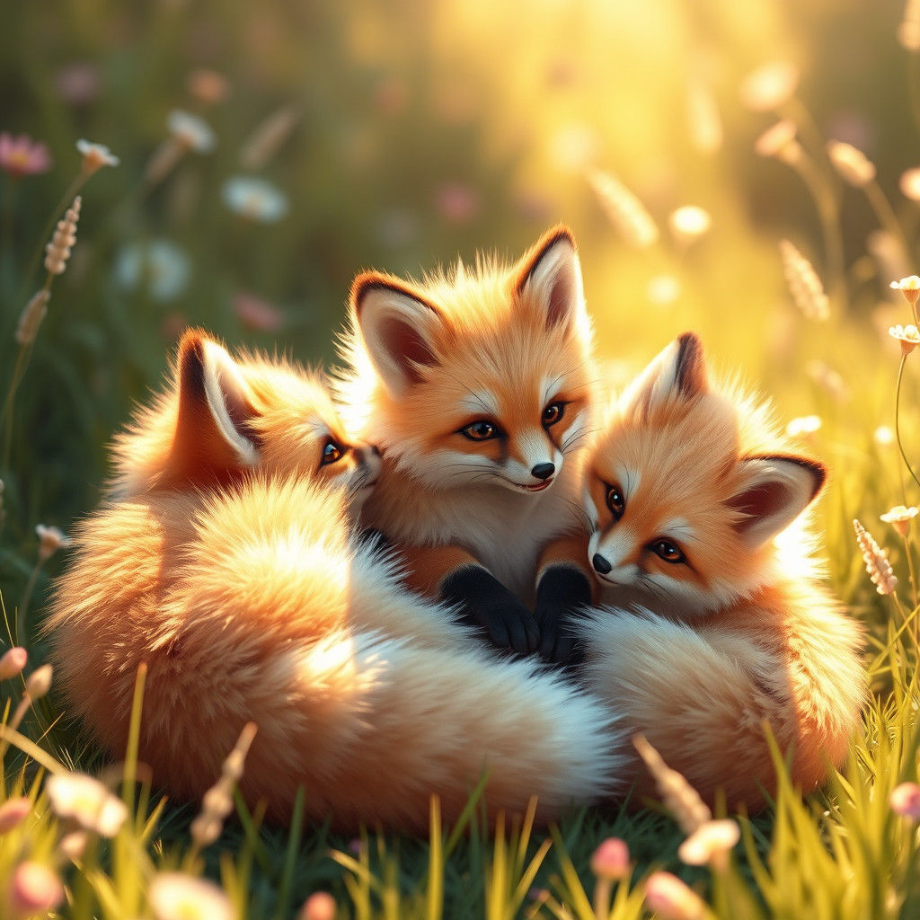 Cute Baby Foxes Frolicking in Sunny Meadow