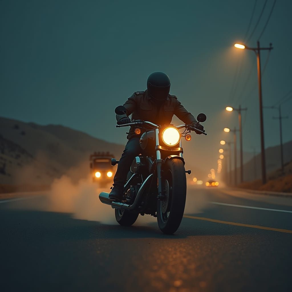 Motorcycle Rider on Deserted Highway at Night