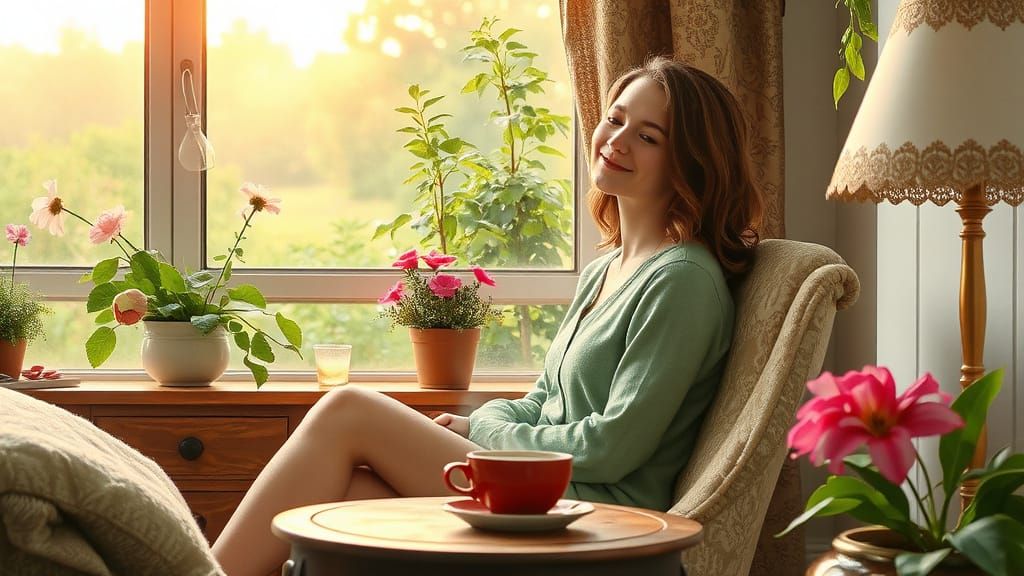 Whimsical Morning Woman Surrounded by Lush Greenery and Vibr...