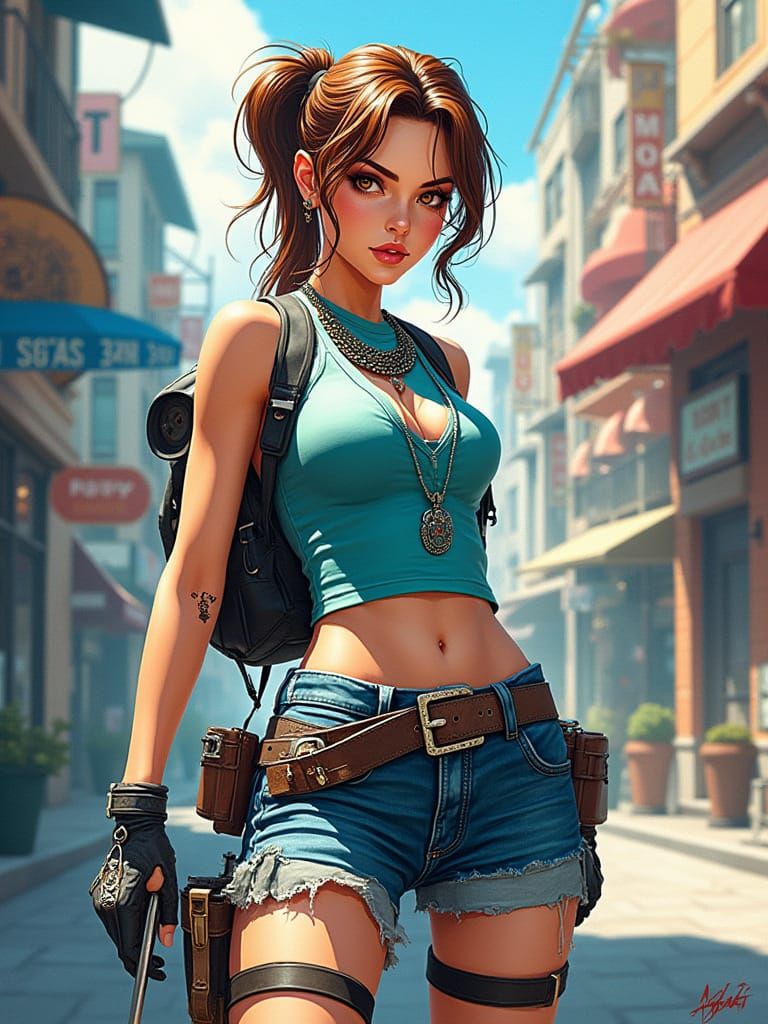 Cyberpunk Lara Croft in Urban Metropolis