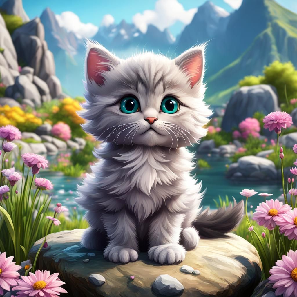 Chibi Kitten in Detailed Fantasy Landscape