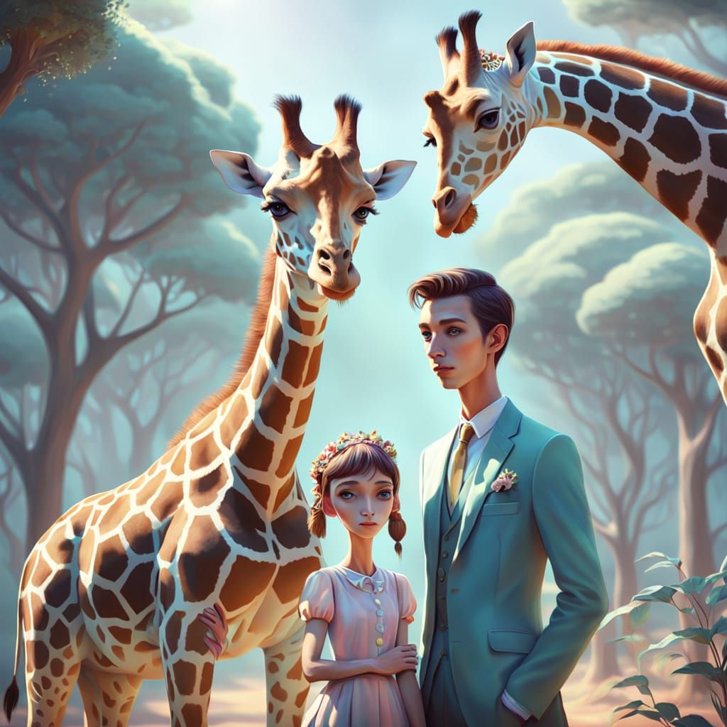 Giraffe Couple in Whimsical Pastel Fantasy Art