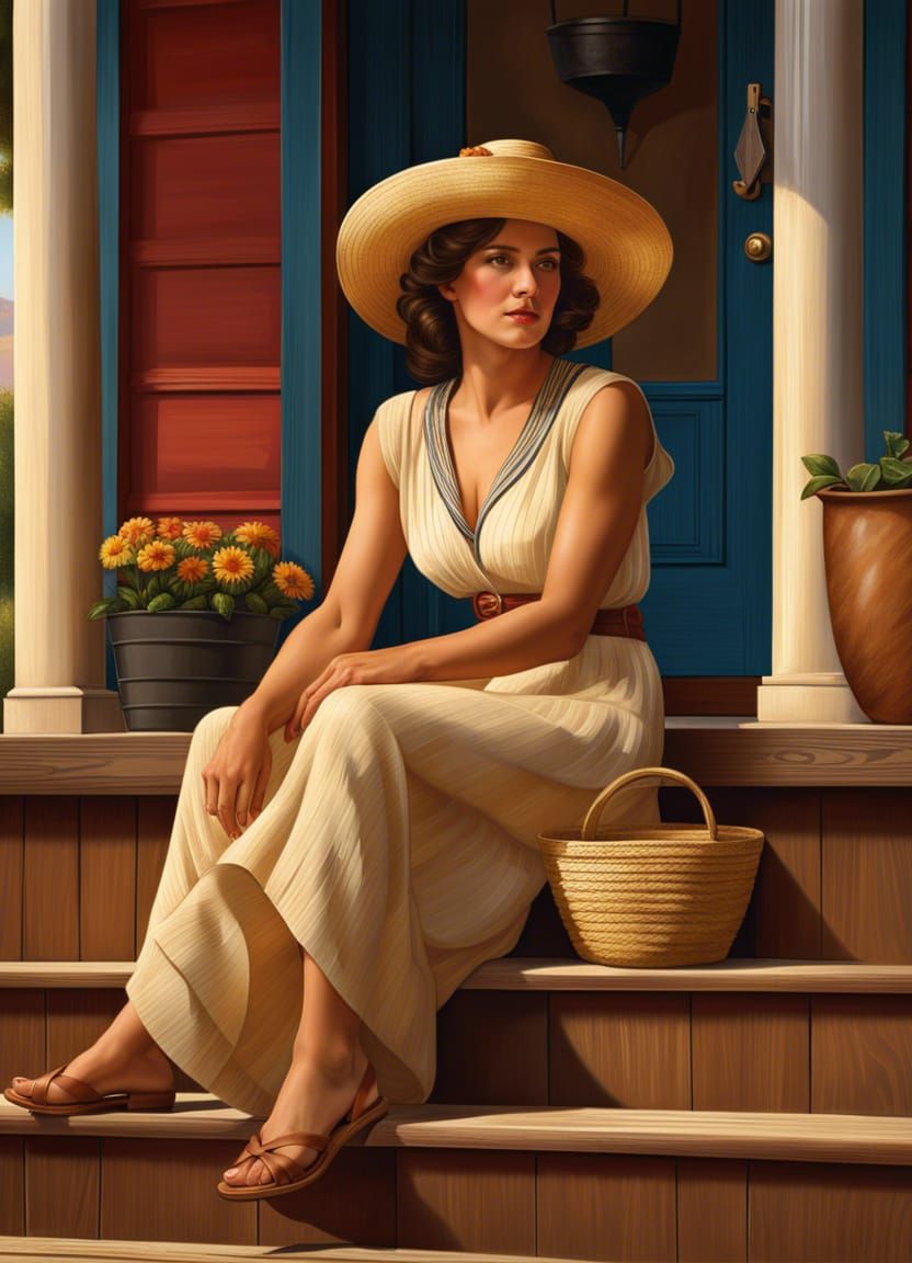American Country Woman on Porch in Ultra Detail