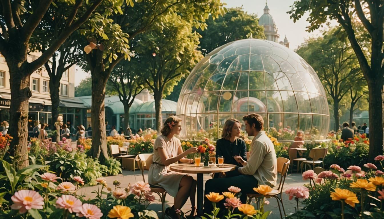 Solarpunk Cafe Scene with Glass Buildings