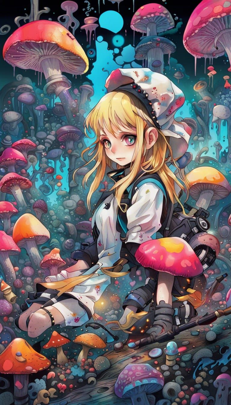 Alice in Cyberpunk Wonderland: Anime-Style Mushroom Garden