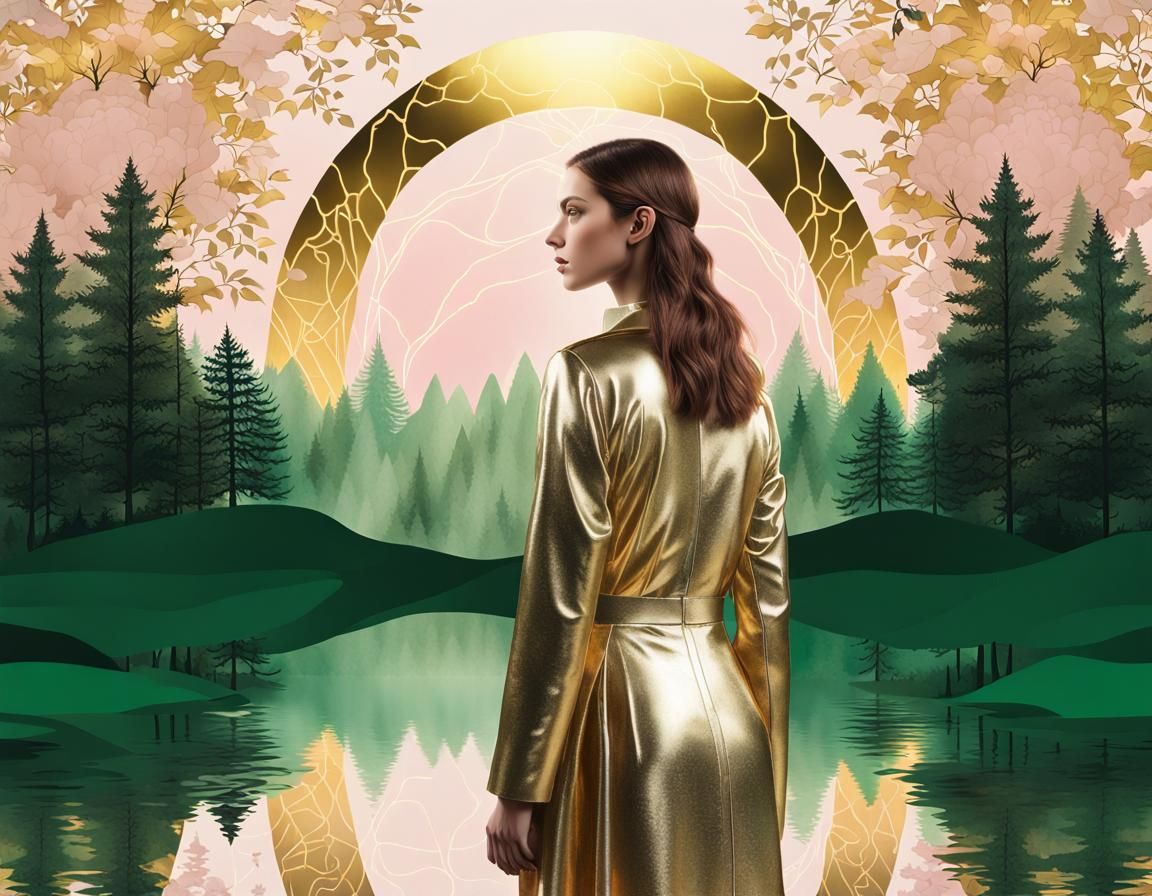 Woman in Gold with Abstract Emerald Forest