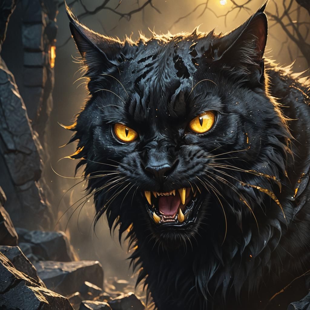 Menacing Black Cat in Dark Fantasy Style