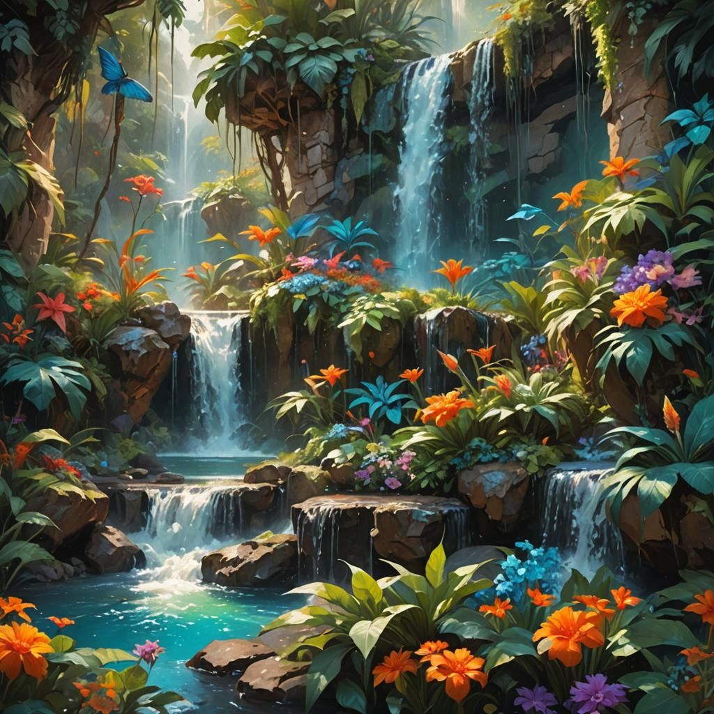 Mystical Waterfall Surrounded by Exotic Plants
