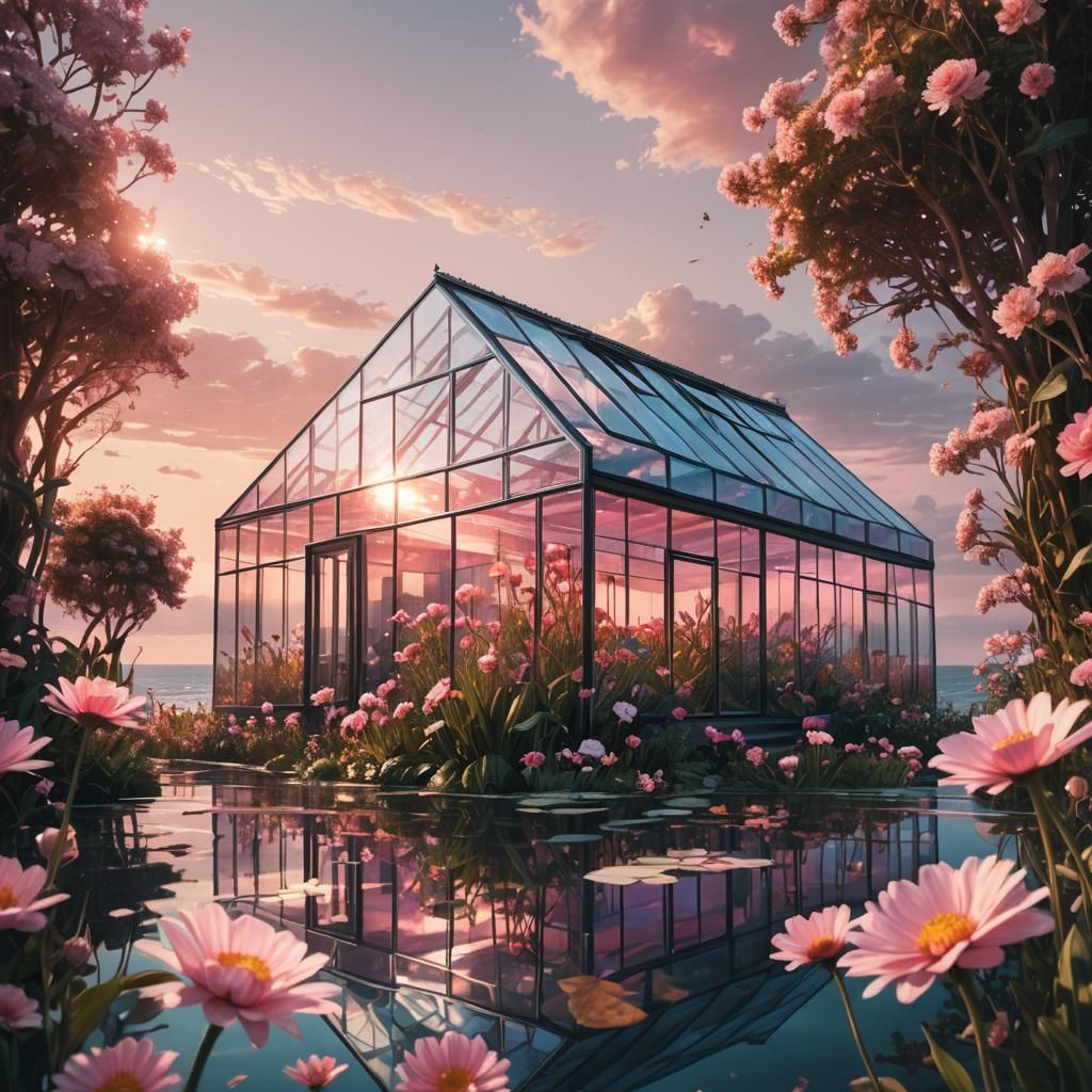 Glass House Surrounded by Rare Flowers, Hyperrealistic Conce...