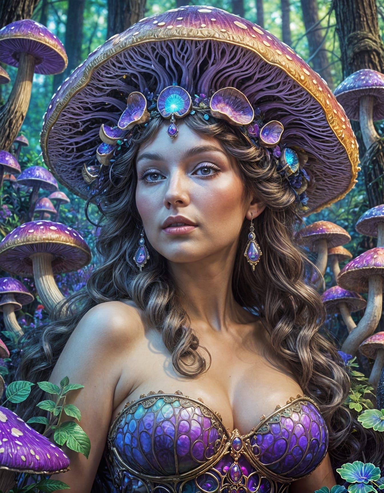 Vibrant Goddess of Mushrooms in Ethereal Fantasy Art