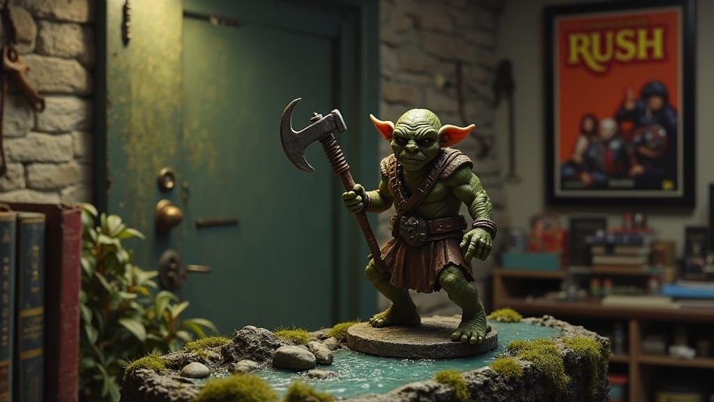 Goblin Miniature with Mace in Dingy Basement Diorama