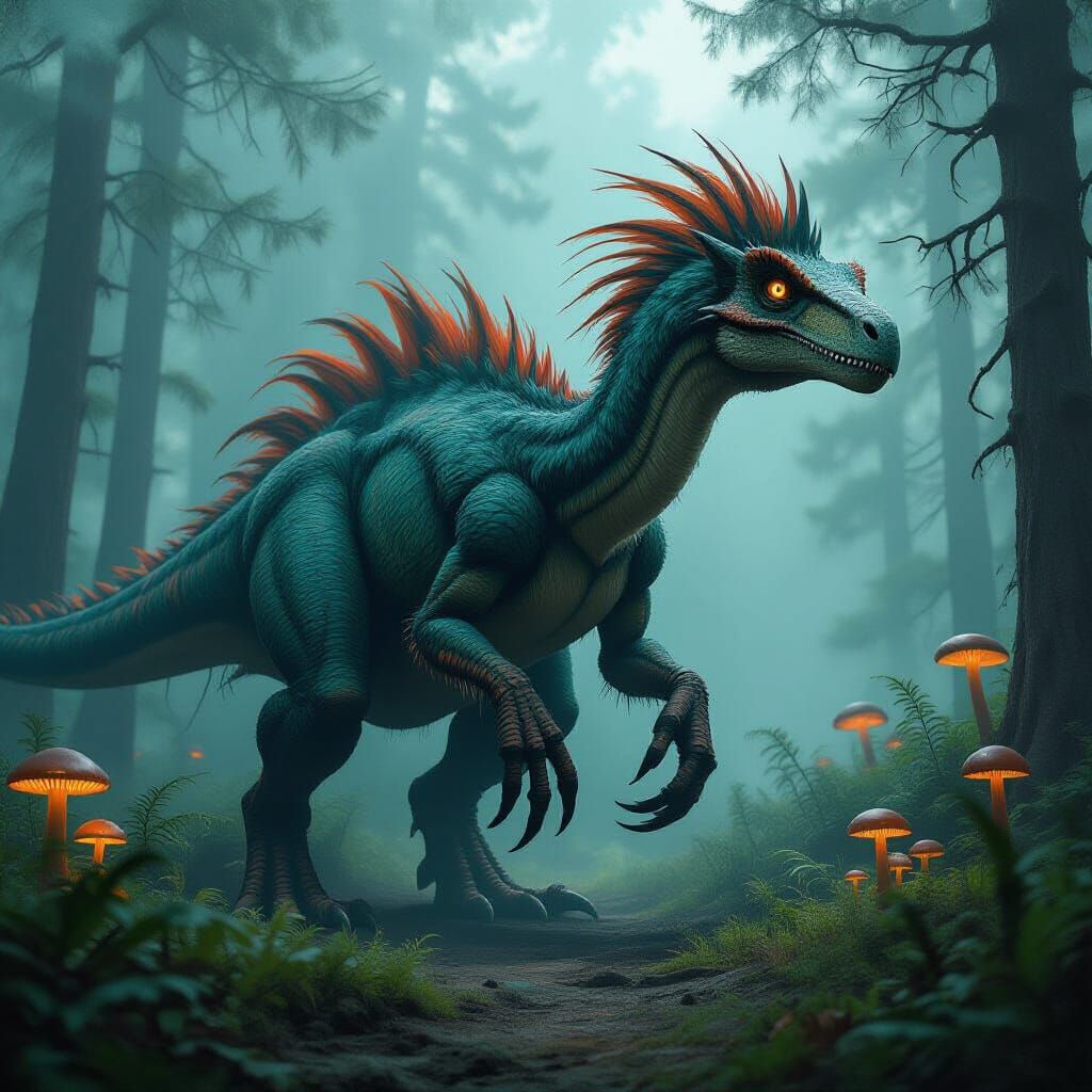 A surreal Therizinosaurus in a prehistoric forest clearing, its huge claws held gently at its sides. Feathers cover its ...
