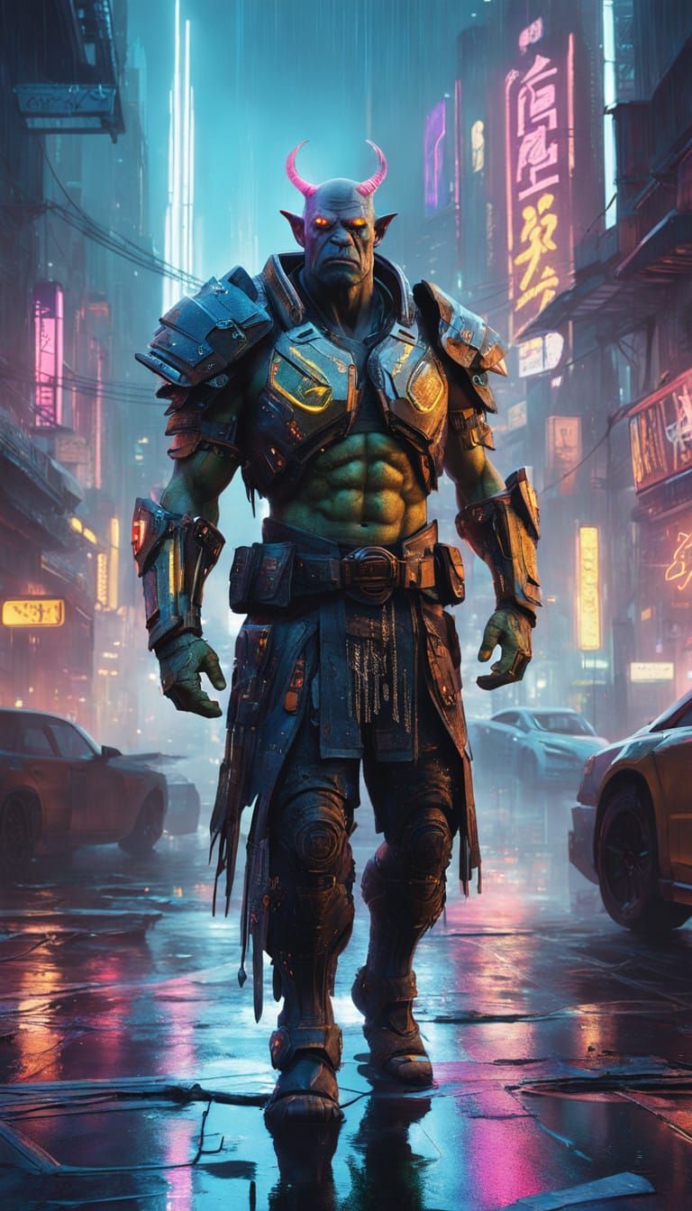 Cyberpunk Orc Warrior in Dystopian Cityscape