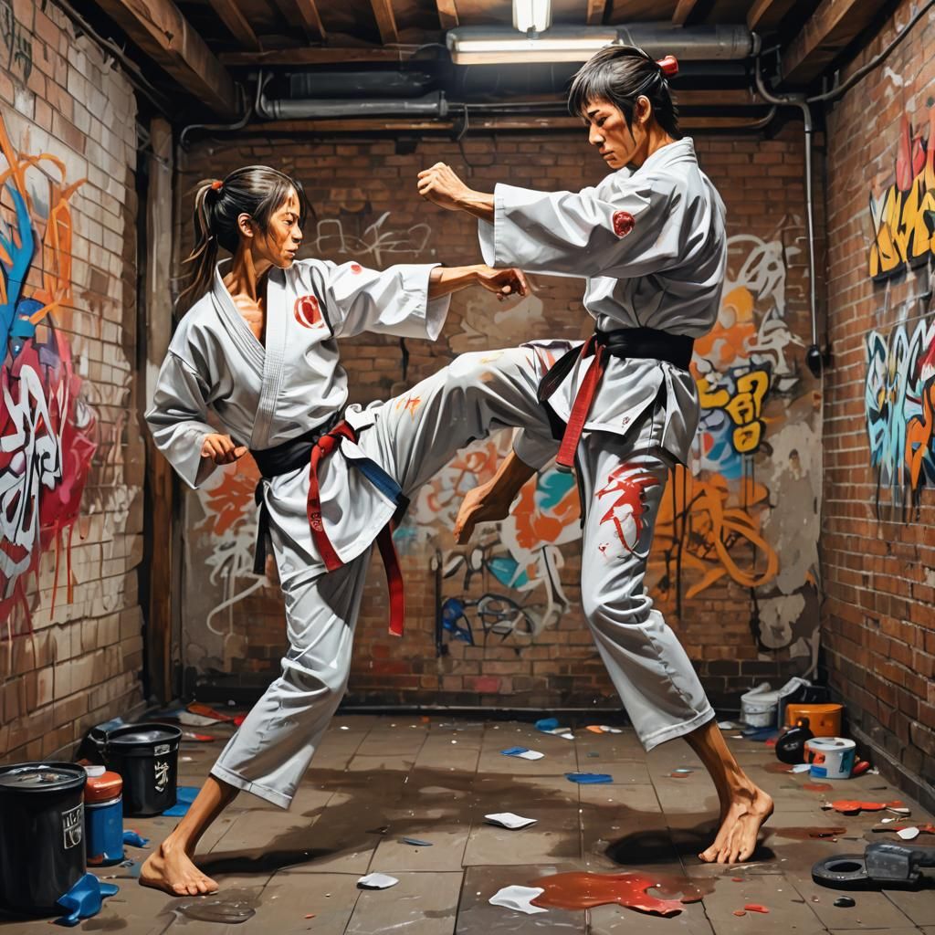 Karate Sparring in Grungy Graffiti Art Style