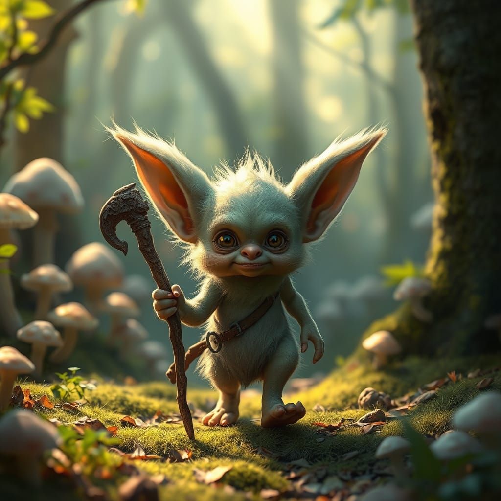 Fantasy Goblin Wanders Mushroom Forest in Radiant Light