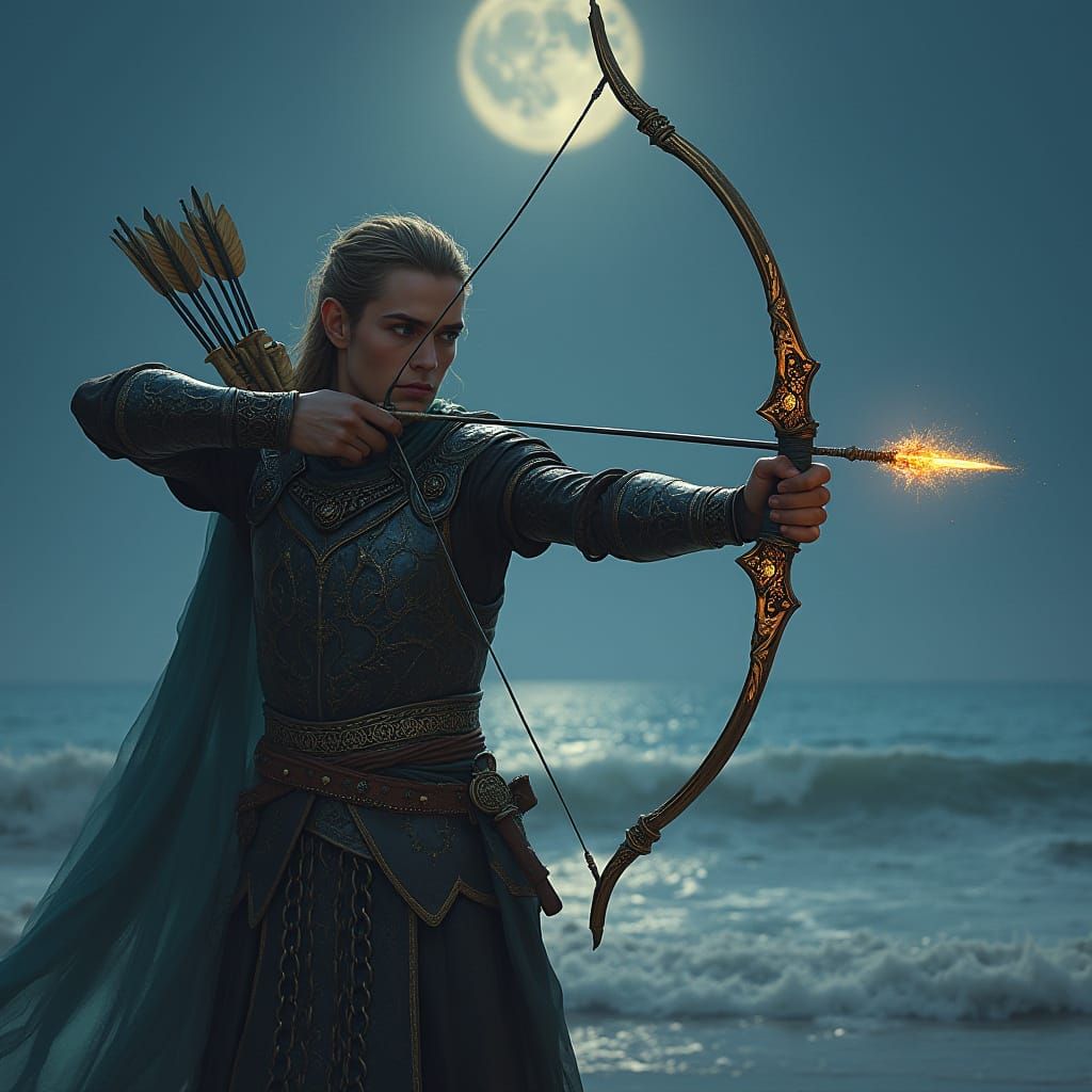 Regal Half-Elf Archer in Dark Chain Mail with Gold Trim on a...