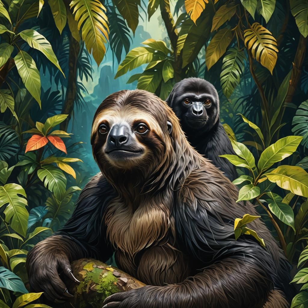 Hyperrealistic Sloth-Gorilla Hybrid in Lush Jungle