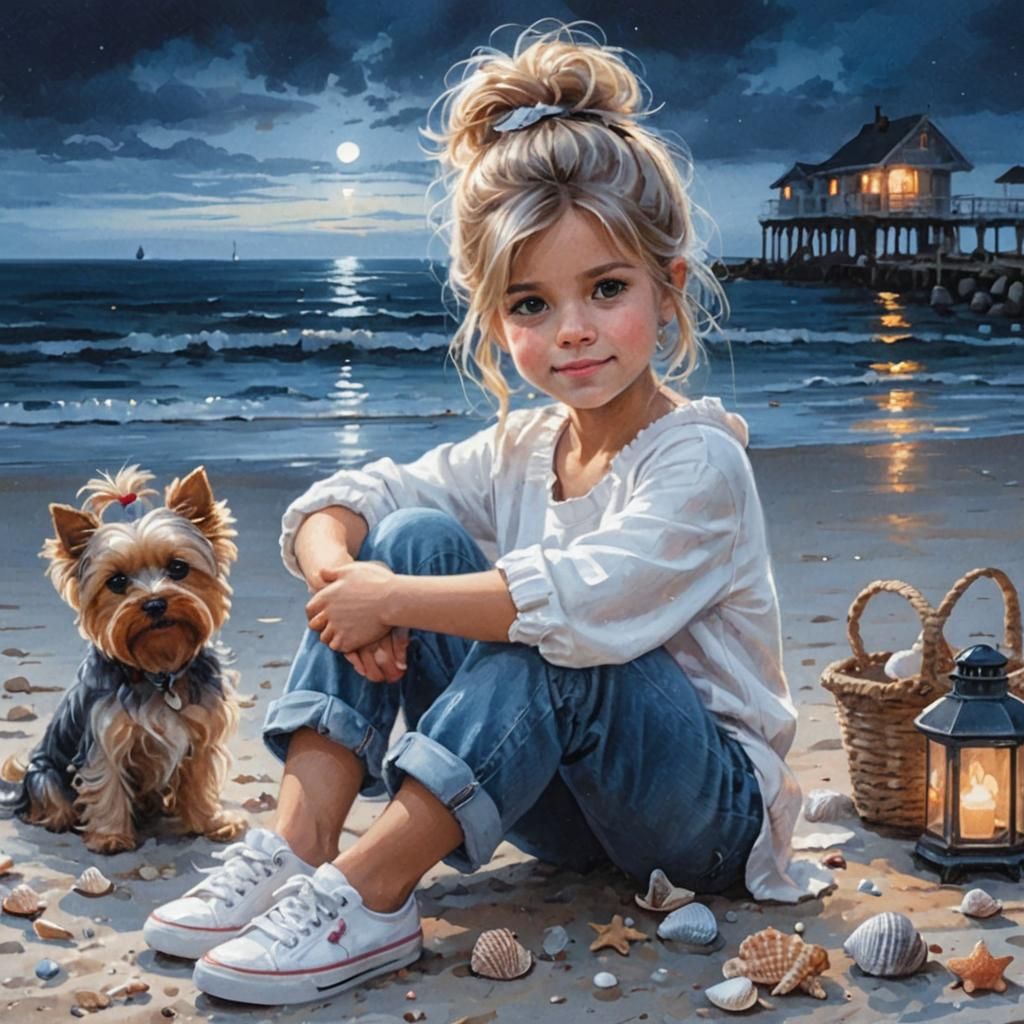 “Nächtliche Stille am Strand mit treuem Begleiter.”