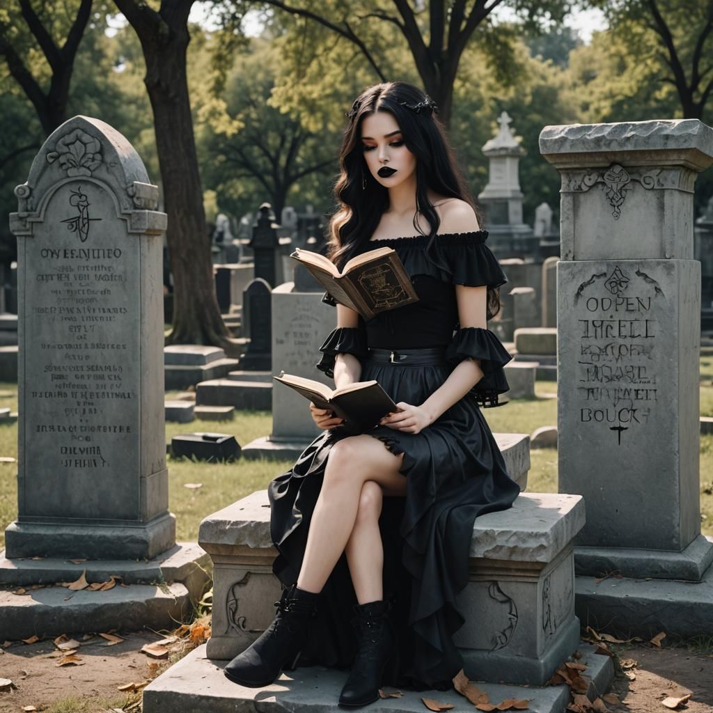 Gothic Girl Reading Spellbook on Tombstone