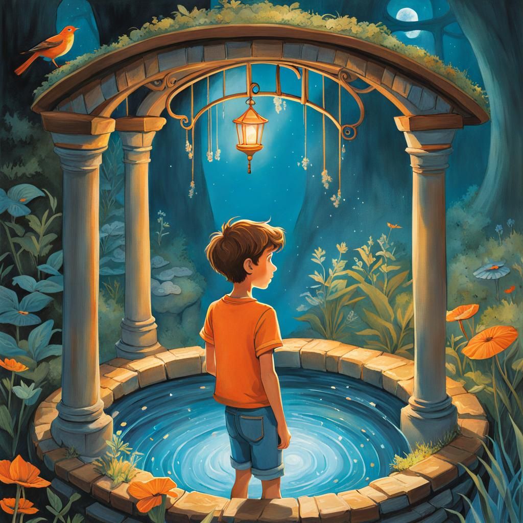 Boy Exploring Wishing Well in Storybook Illustration Style