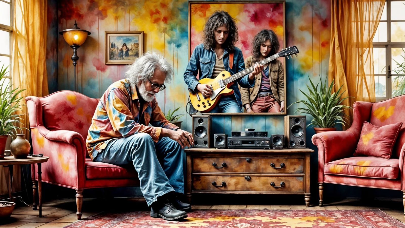 Hippie in Living Room with Rock Guitarists