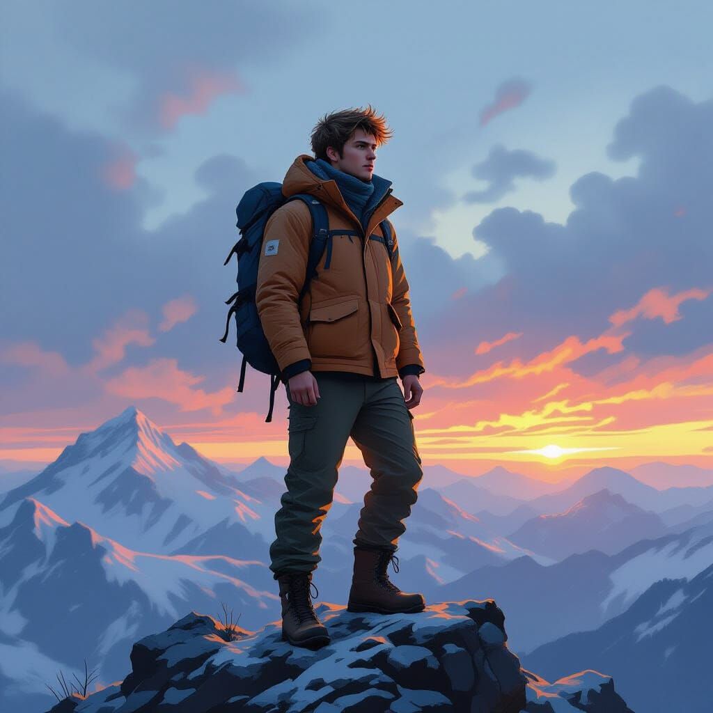 Man on Windswept Peak in Atmospheric Landscape Style