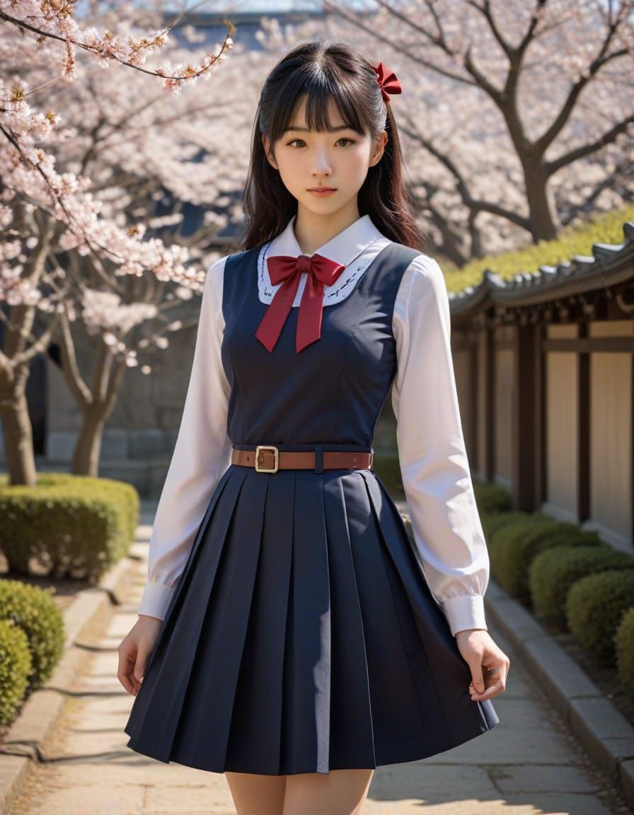 Kaori in Japanese Uniform at Cherry Blossom Shrine