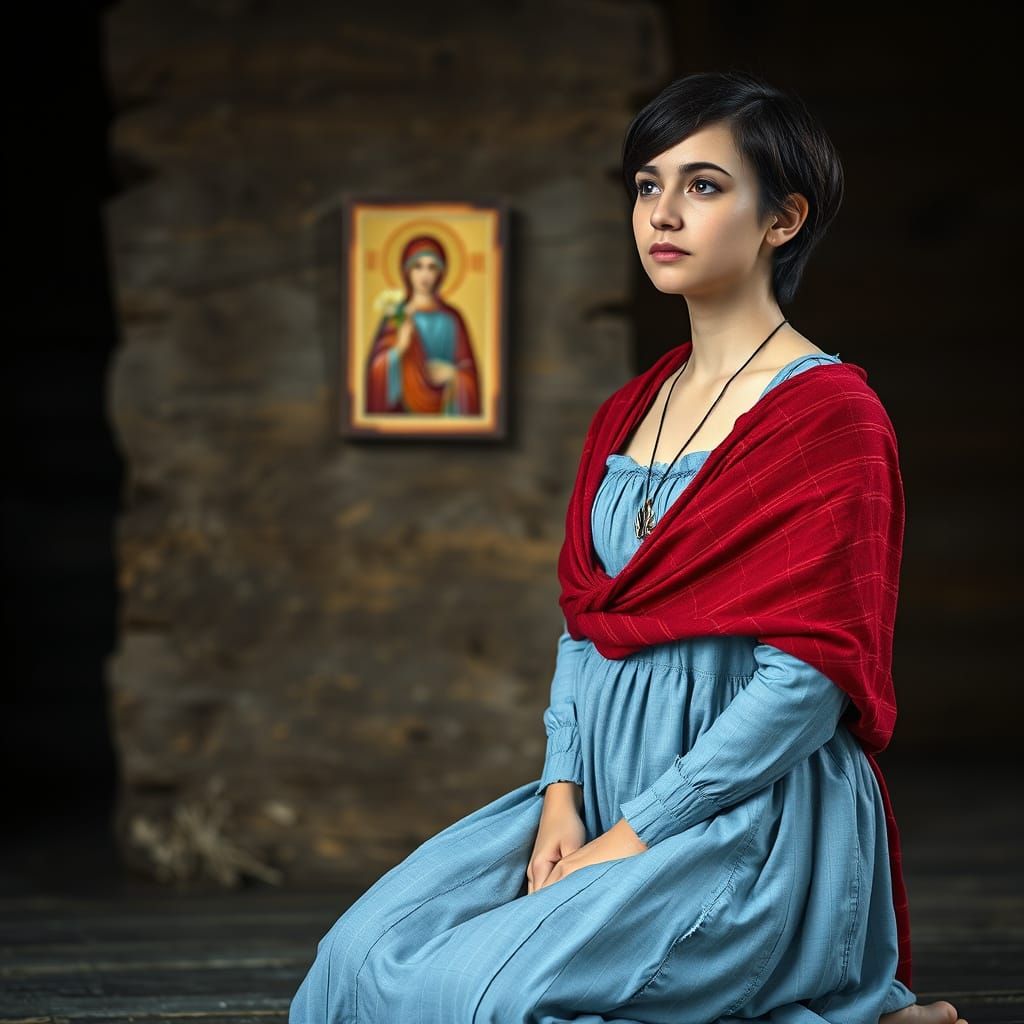 Medieval Woman in Prayer, Eastern European Features, Orthodo...