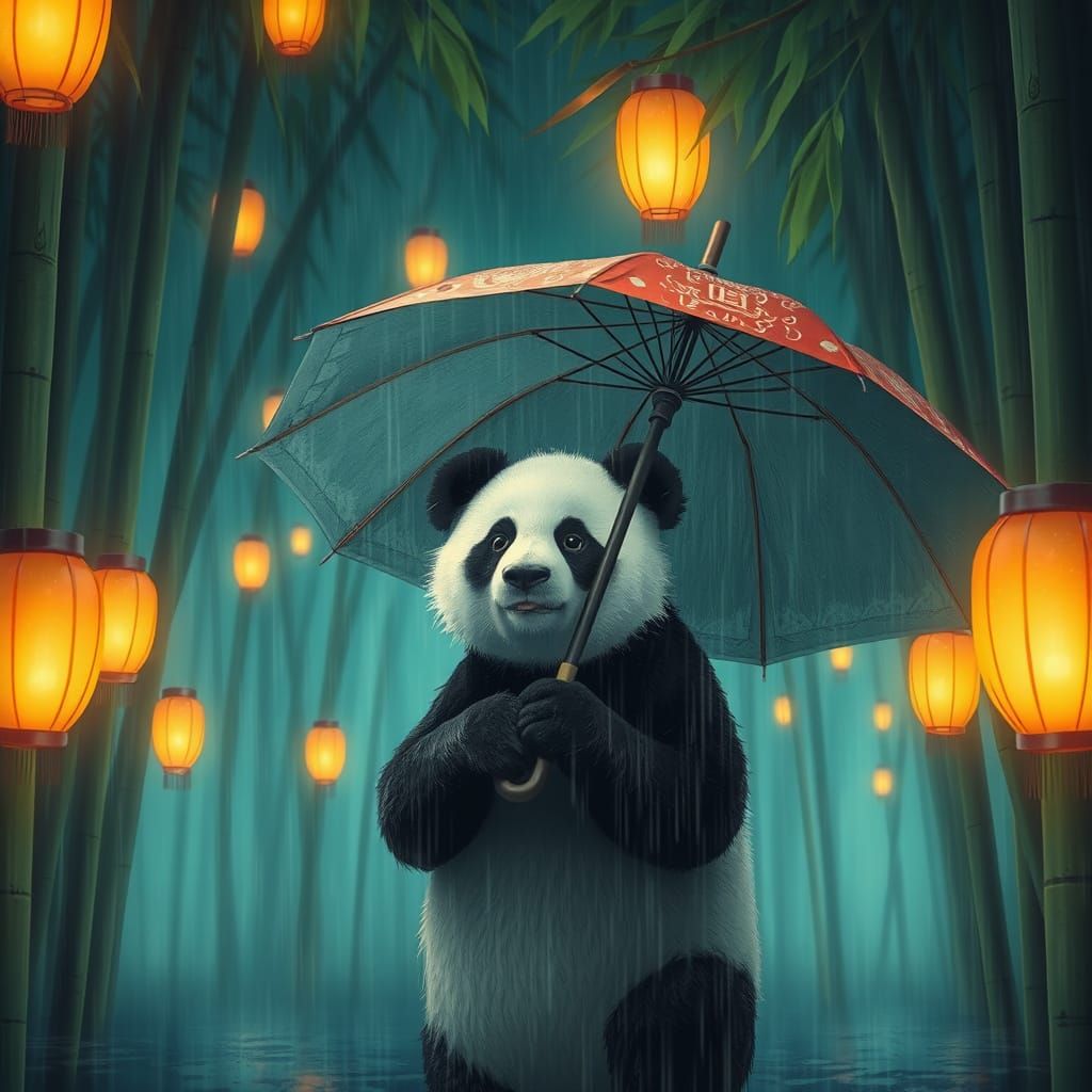 Panda Under Rain with Lanterns in Cinematic Style