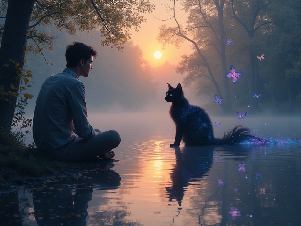 Mystical Lake Reflection of Fairies and Centaurs