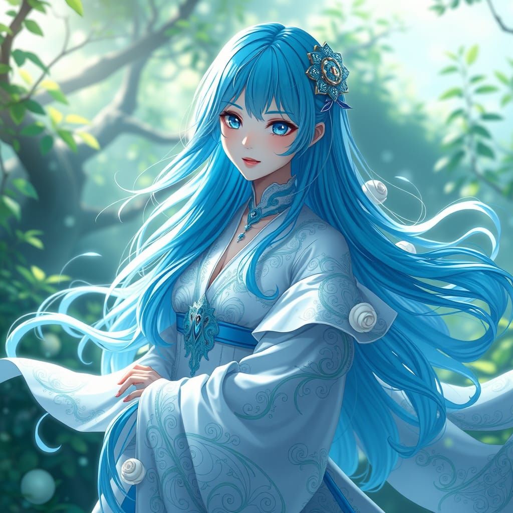 Surreal Anime Goddess in Serene, Mystical Landscape
