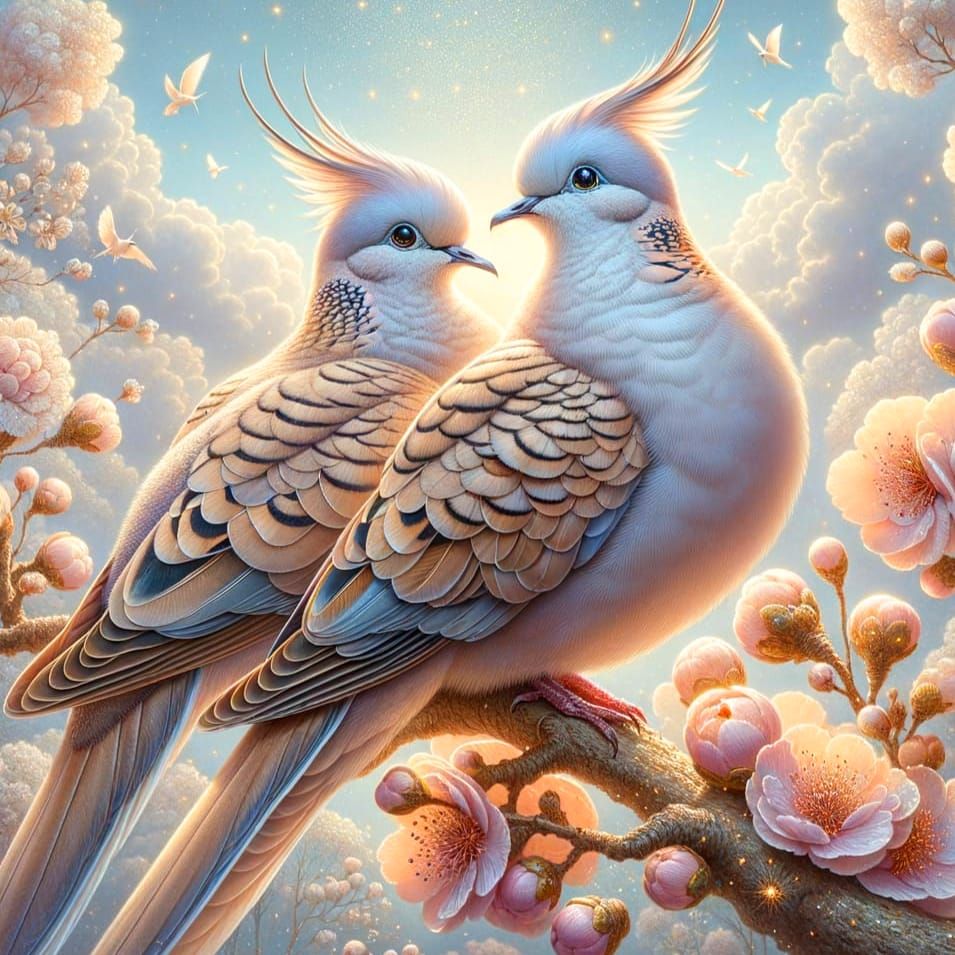 Crested Doves in Watercolor Garden