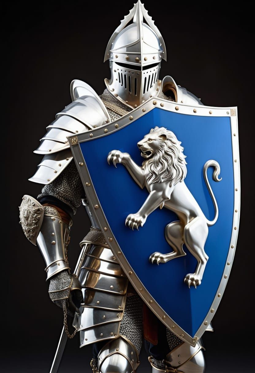 Medieval Knight Carries Ornate Kite Shield with White Lion D...