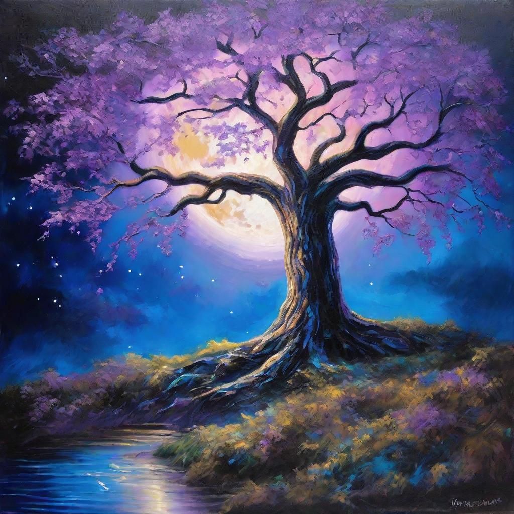 Tree of Life Oil Painting Under Moonlight