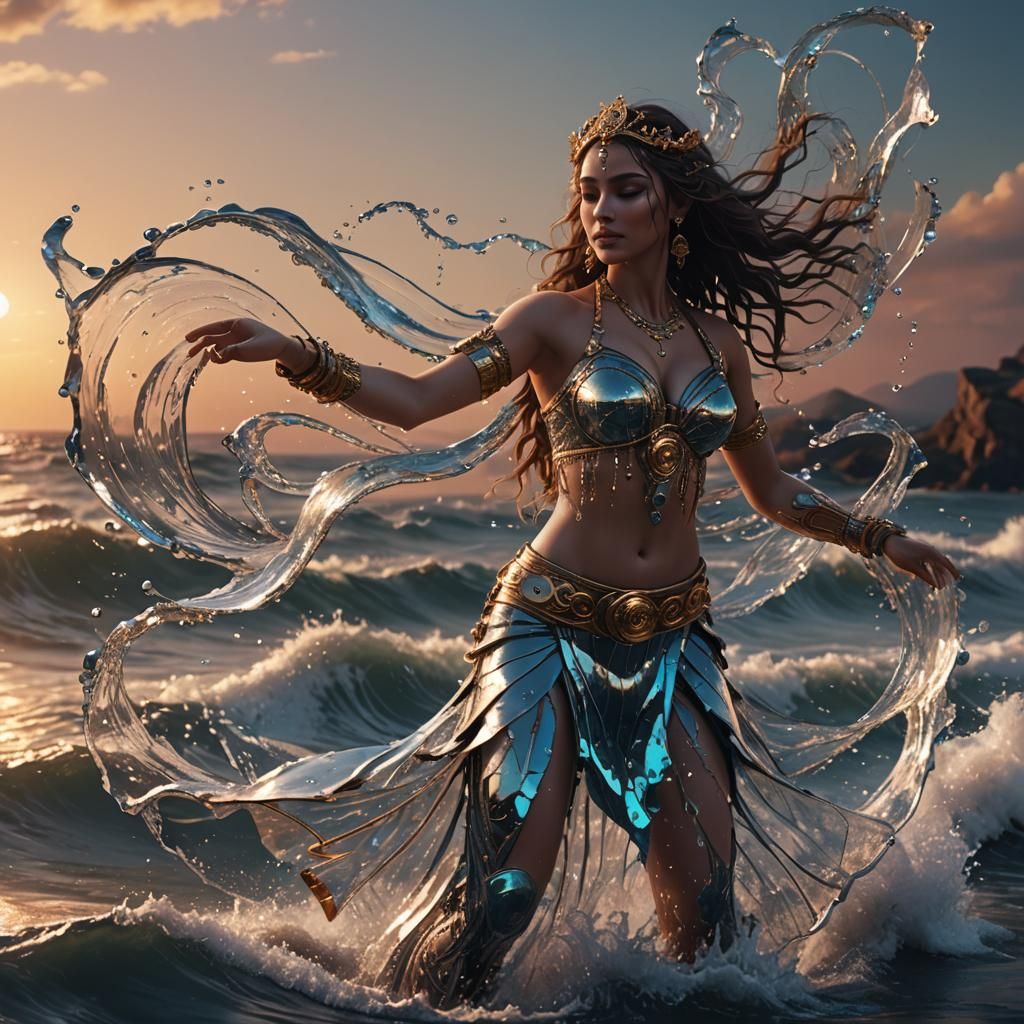 Futuristic Water Woman Belly Dancing at Sunset