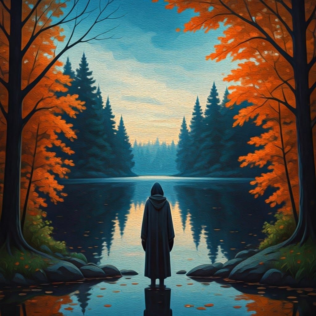 Autumnal Figure at Dusk: Impressionistic Landscape