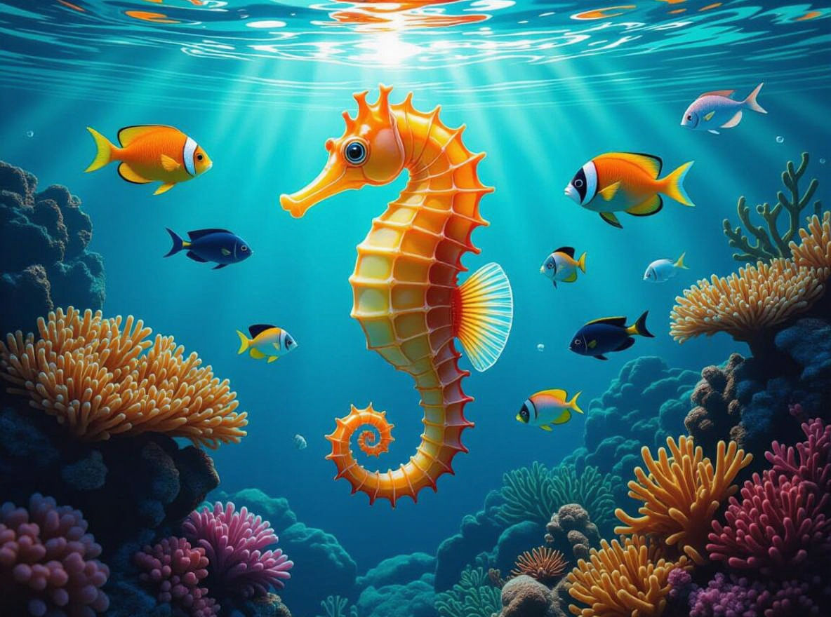 Glowing Glass Seahorse in Coral Reef Aquarium