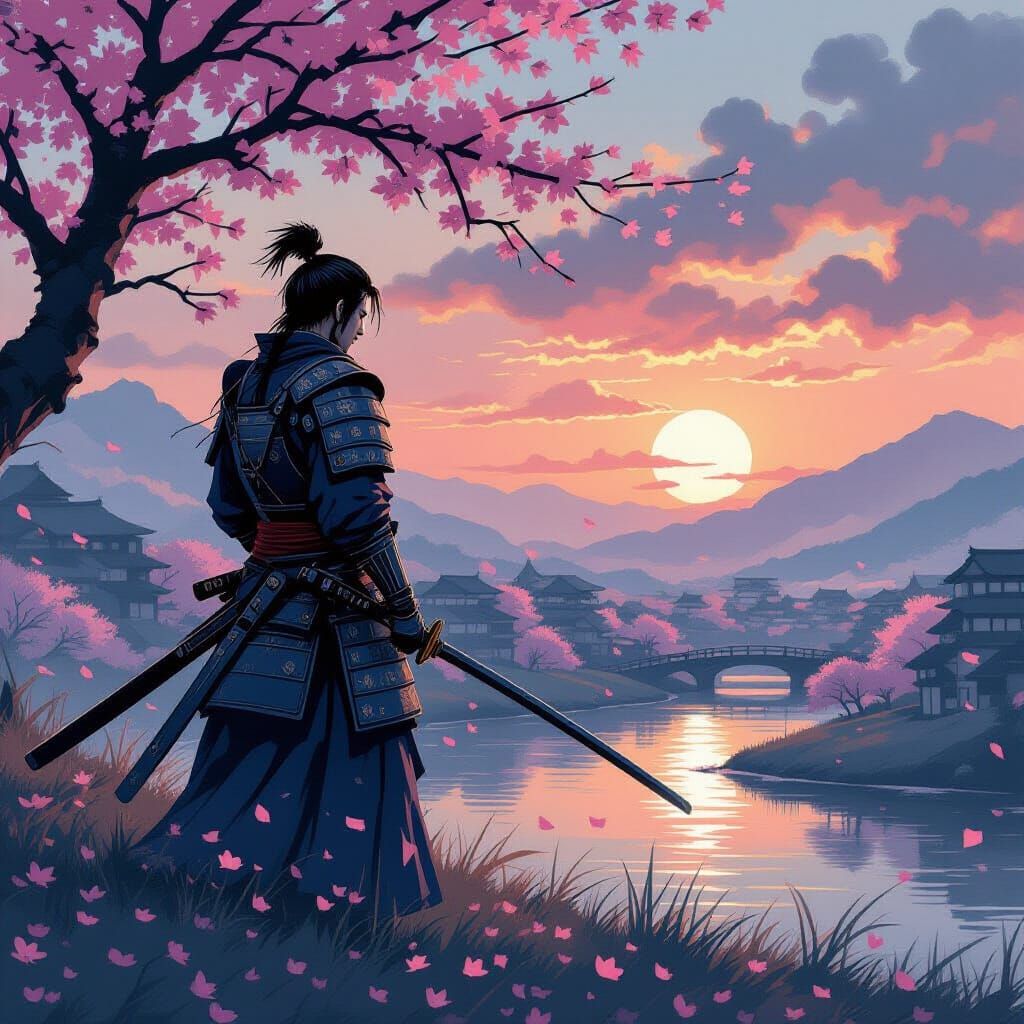 Samurai Warrior on Cherry Blossom Battlefield at Dusk