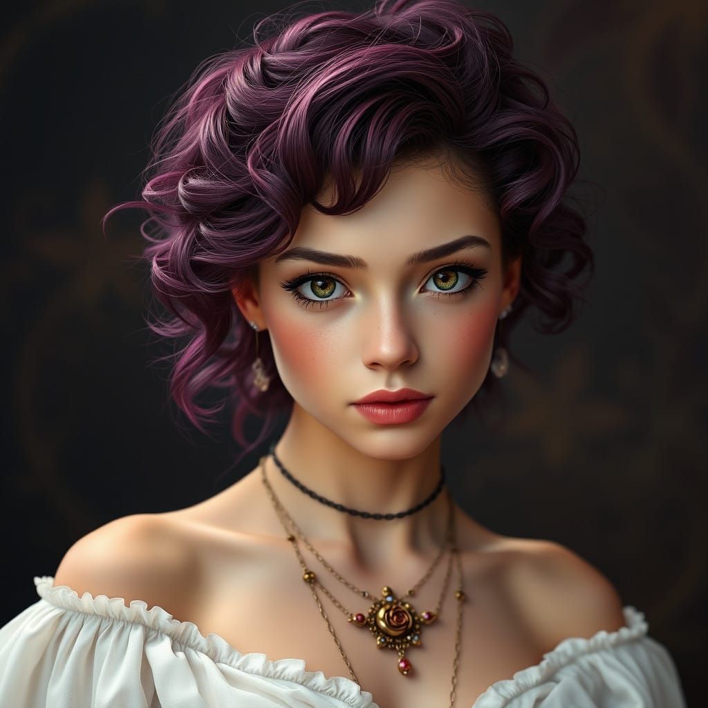 Ethereal Woman in Plum-Hued Hair and White Gown with Rich, D...