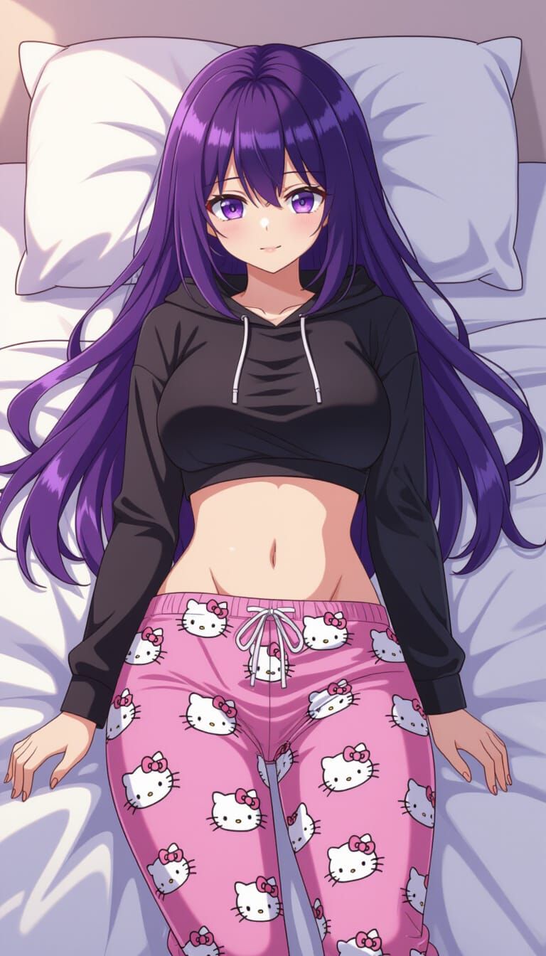 Anime Girl in Hello Kitty Pajamas on Bed